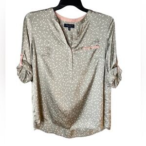 Bariloche Spain Women’s Satin Gray Speckled Roll Tab Sleeve Blouse Sz 14